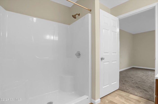 bathroom featuring walk in shower and wood-type flooring