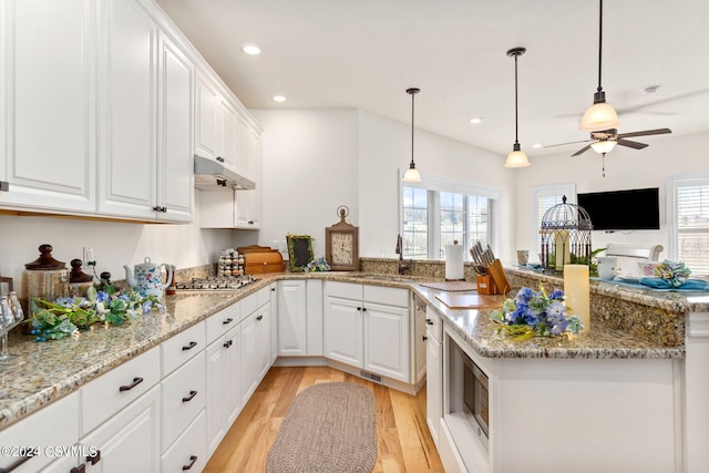 kitchen featuring light stone counters, white cabinetry, light hardwood / wood-style flooring, ceiling fan, and sink