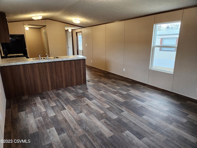 kitchen featuring black refrigerator, a textured ceiling, dark hardwood / wood-style floors, and vaulted ceiling