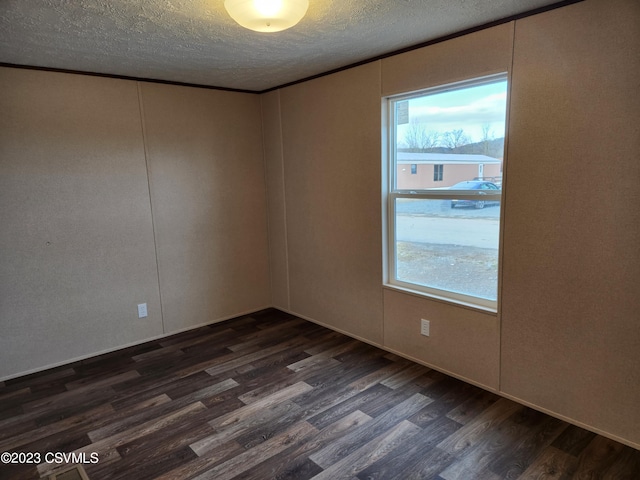 spare room with a textured ceiling, dark hardwood / wood-style flooring, and a healthy amount of sunlight