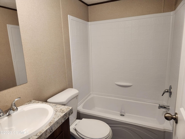 full bathroom with toilet, washtub / shower combination, a textured ceiling, and oversized vanity