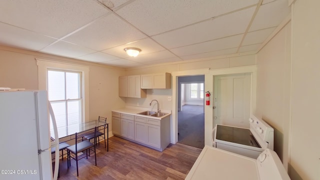 kitchen with white fridge, sink, a drop ceiling, washer / clothes dryer, and hardwood / wood-style flooring