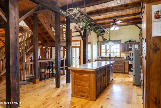 kitchen featuring beam ceiling, stainless steel appliances, wooden ceiling, a kitchen island, and light wood-type flooring