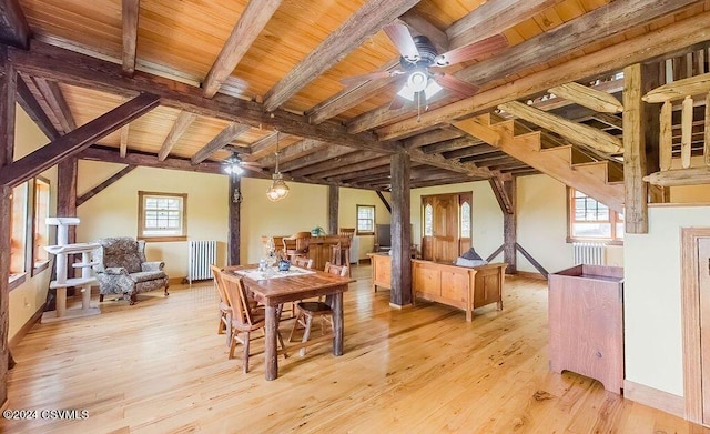 dining area featuring beamed ceiling, light hardwood / wood-style floors, radiator, and wood ceiling