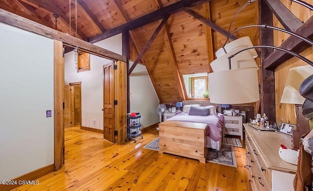 bedroom with lofted ceiling with beams, wood ceiling, and light hardwood / wood-style floors