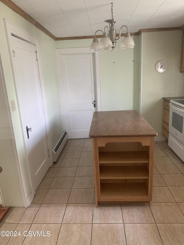 kitchen featuring an inviting chandelier, pendant lighting, light tile patterned flooring, white electric range, and a baseboard heating unit