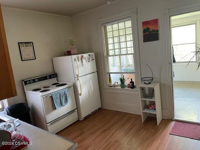 kitchen featuring light wood-style flooring, white appliances, light countertops, and a healthy amount of sunlight