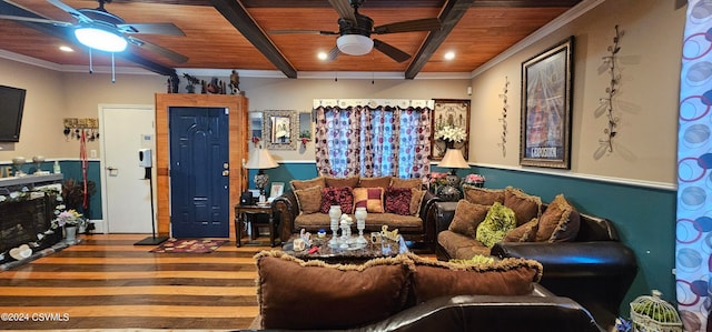 living room with beamed ceiling, ceiling fan, hardwood / wood-style floors, and wooden ceiling