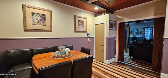 dining room featuring beam ceiling, hardwood / wood-style flooring, wood ceiling, and crown molding