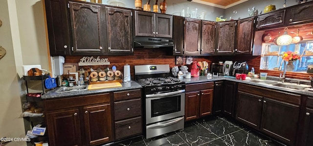 kitchen featuring sink, dark tile flooring, stainless steel range with gas stovetop, and dark brown cabinetry