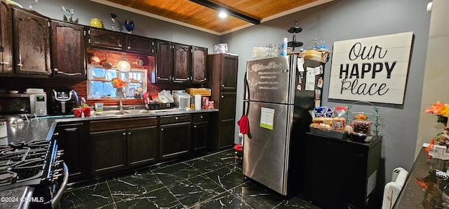 kitchen with stainless steel appliances, wood ceiling, dark brown cabinetry, sink, and dark tile flooring