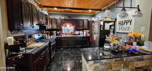 kitchen with decorative light fixtures, dark brown cabinetry, crown molding, wood ceiling, and appliances with stainless steel finishes