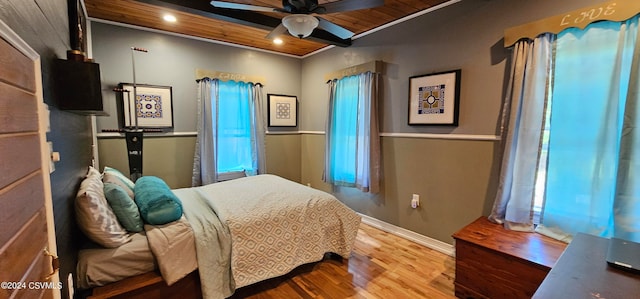 bedroom featuring wooden ceiling, hardwood / wood-style floors, and ceiling fan