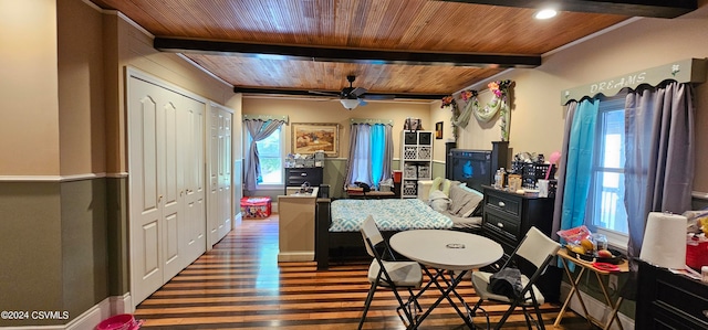 dining area featuring beamed ceiling, wooden ceiling, ceiling fan, and dark hardwood / wood-style flooring