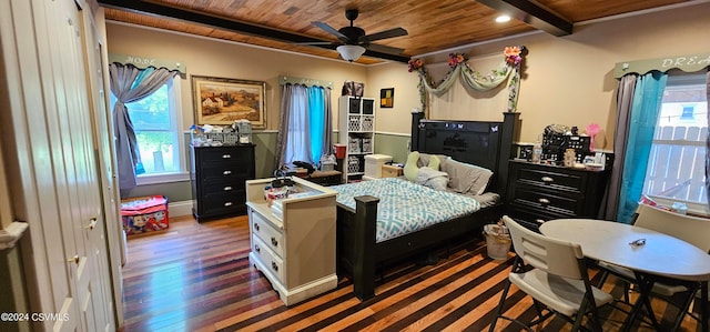 bedroom with wooden ceiling, ceiling fan, dark hardwood / wood-style floors, and multiple windows