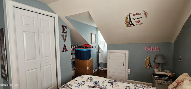 bedroom with a closet, vaulted ceiling, and hardwood / wood-style floors