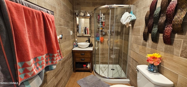 bathroom with a shower with shower door, tile walls, toilet, and vanity