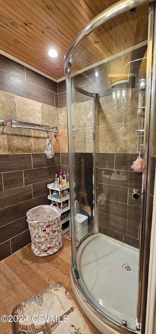 bathroom with wooden ceiling and wood-type flooring