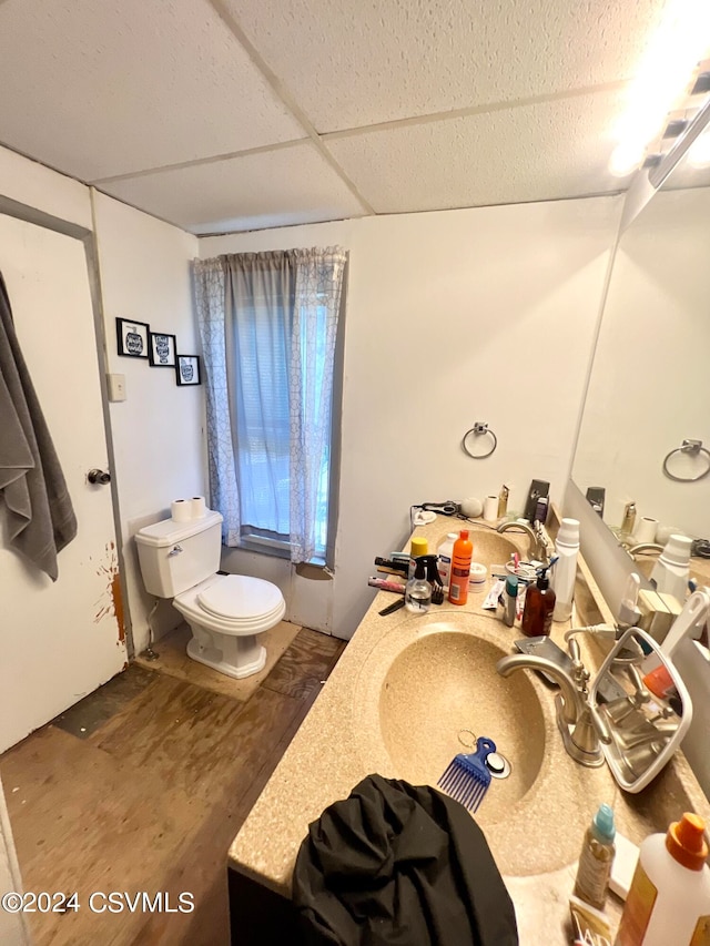 bathroom featuring vanity, a paneled ceiling, toilet, and hardwood / wood-style floors