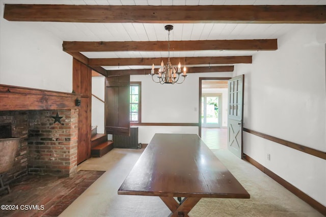 dining room with carpet, radiator, beam ceiling, and a notable chandelier