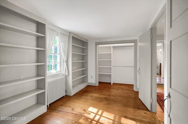 walk in closet with light hardwood / wood-style flooring and radiator heating unit