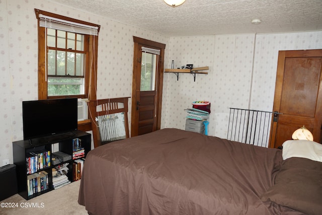 bedroom featuring carpet flooring and a textured ceiling