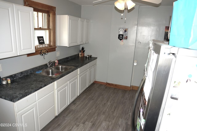 kitchen with white cabinetry, wood-type flooring, sink, and ceiling fan