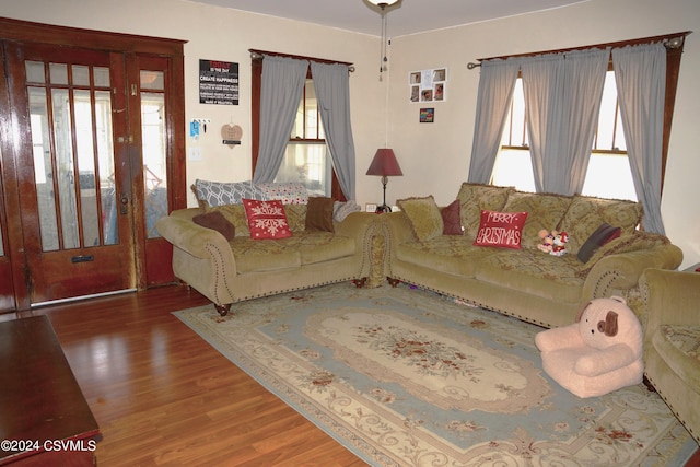 living room with a wealth of natural light and hardwood / wood-style flooring