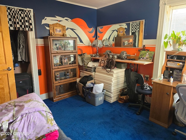 carpeted bedroom with crown molding