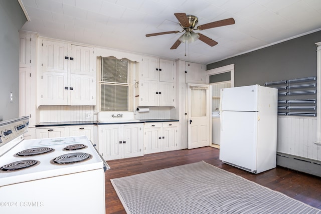 kitchen featuring white cabinets, dark hardwood / wood-style floors, white appliances, and ceiling fan