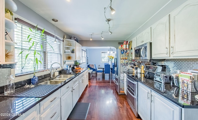 kitchen featuring stainless steel appliances, a healthy amount of sunlight, rail lighting, and sink