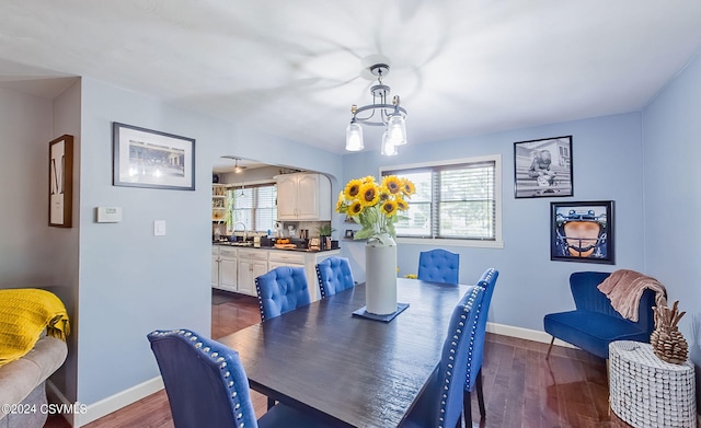 dining room with sink, dark hardwood / wood-style flooring, and a notable chandelier