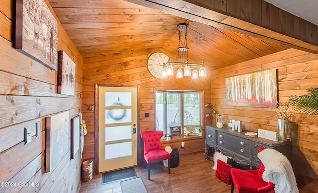 sitting room with lofted ceiling, wood-type flooring, wood walls, and wood ceiling