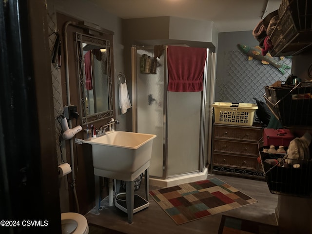 bathroom featuring hardwood / wood-style flooring and a shower with shower door