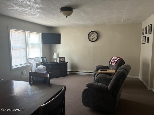 carpeted living room with a textured ceiling and a baseboard heating unit