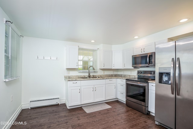 kitchen with white cabinetry, a baseboard radiator, appliances with stainless steel finishes, and sink