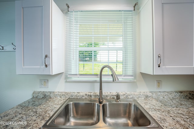 details featuring white cabinetry, light stone countertops, and sink