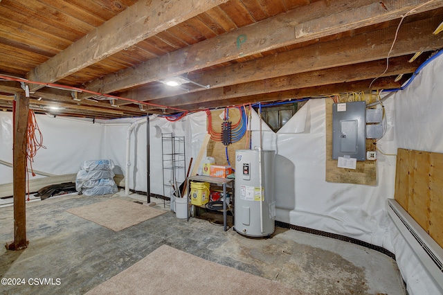 basement with electric panel, water heater, and a baseboard heating unit