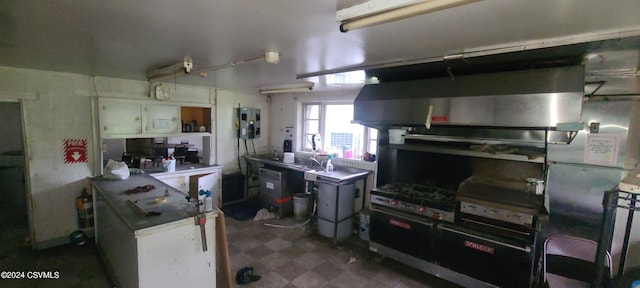 kitchen with electric panel and white cabinets