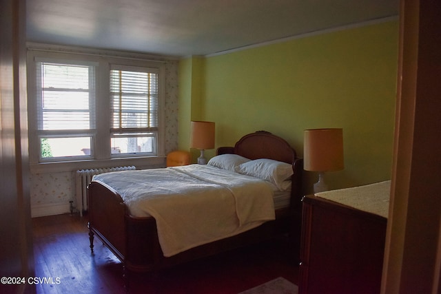 bedroom with radiator heating unit, dark hardwood / wood-style floors, and multiple windows