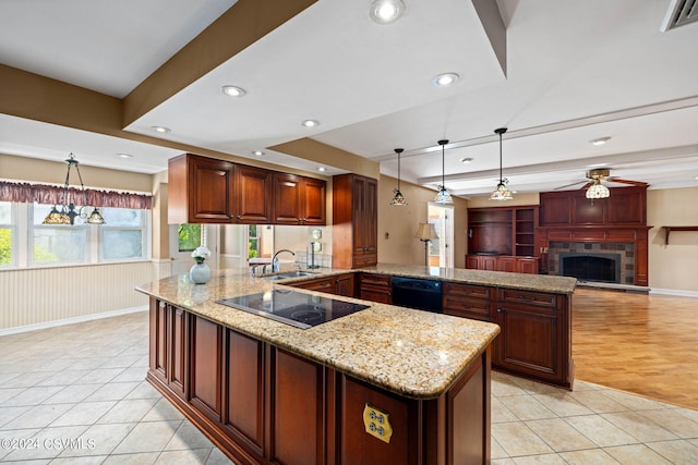 kitchen with sink, kitchen peninsula, light hardwood / wood-style flooring, and plenty of natural light