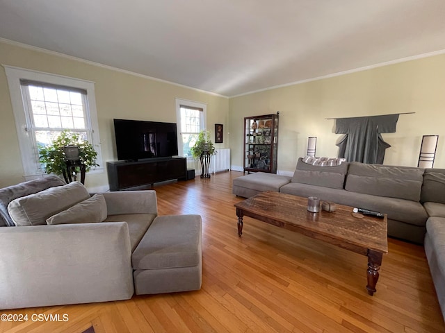 living room with light hardwood / wood-style flooring and ornamental molding