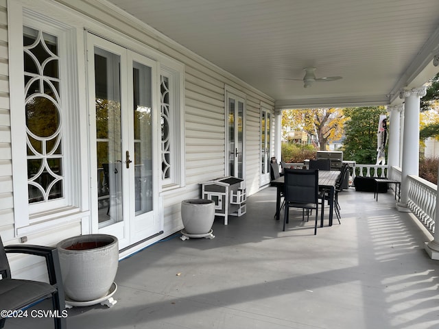 view of patio featuring french doors and ceiling fan