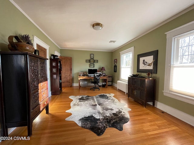 home office with light hardwood / wood-style floors, crown molding, and radiator