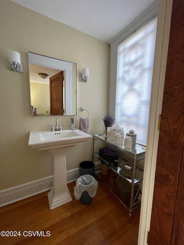 bathroom with hardwood / wood-style flooring