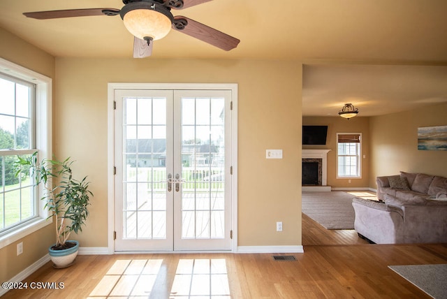 doorway to outside with light hardwood / wood-style floors, plenty of natural light, and ceiling fan