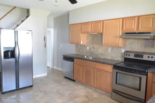 kitchen with ceiling fan, sink, appliances with stainless steel finishes, and tasteful backsplash