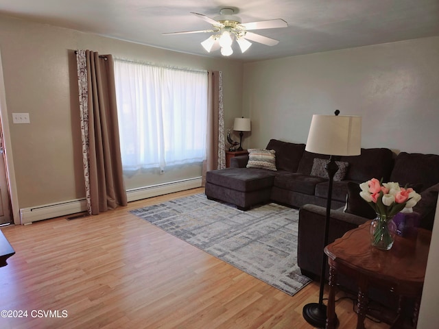 living room featuring ceiling fan, baseboard heating, and light hardwood / wood-style flooring