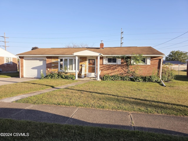 1000 E 6th St, Berwick, PA 18603 - ranch-style home with driveway, a front yard, brick siding, a garage, and a chimney