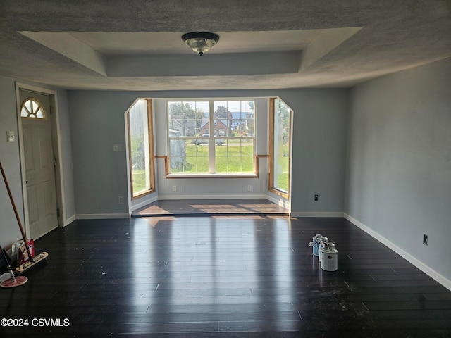 spare room featuring a textured ceiling, dark hardwood / wood-style floors, and a tray ceiling